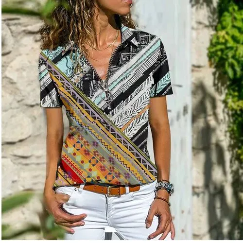 Women's T-shirt Short Sleeve T-shirts Bohemian Color Block