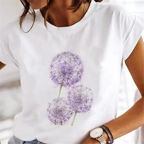 Women's T-shirt Short Sleeve T-Shirts Printing Casual Dandelion Butterfly