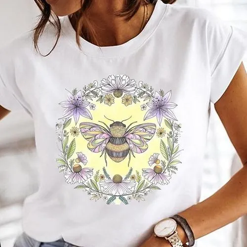 Women's T-shirt Short Sleeve T-shirts Printing Casual Flower Bee