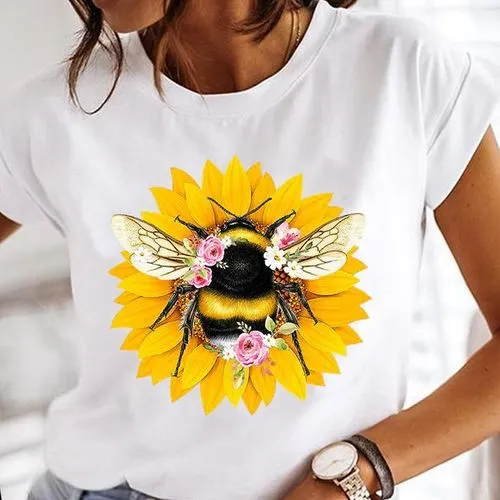 Women's T-shirt Short Sleeve T-shirts Printing Casual Flower Bee