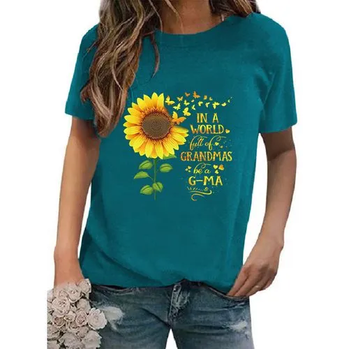 Women's T-shirt Short Sleeve T-shirts Printing Casual Sunflower Letter Butterfly