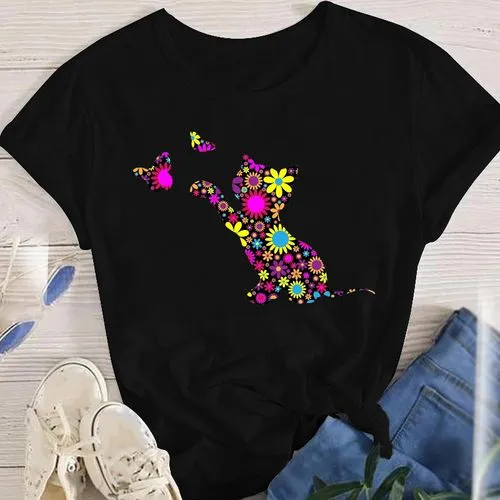 Women's T-shirt Short Sleeve T-shirts Printing Fashion Cat Flower