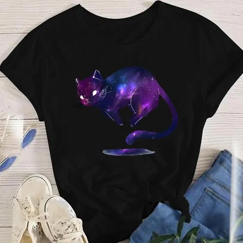 Women's T-shirt Short Sleeve T-shirts Printing Fashion Cat Flower