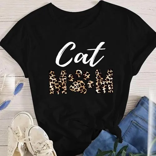 Women's T-shirt Short Sleeve T-shirts Printing Fashion Cat Flower