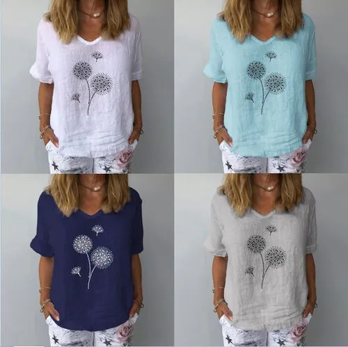 Women's T-shirt Short Sleeve T-shirts Printing Patchwork Casual Dandelion