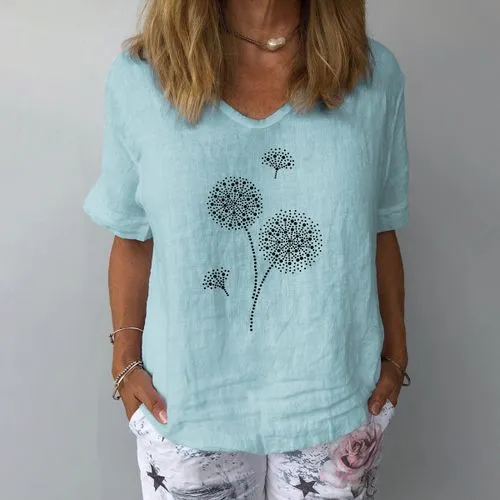 Women's T-shirt Short Sleeve T-shirts Printing Patchwork Casual Dandelion