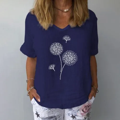 Women's T-shirt Short Sleeve T-shirts Printing Patchwork Casual Dandelion