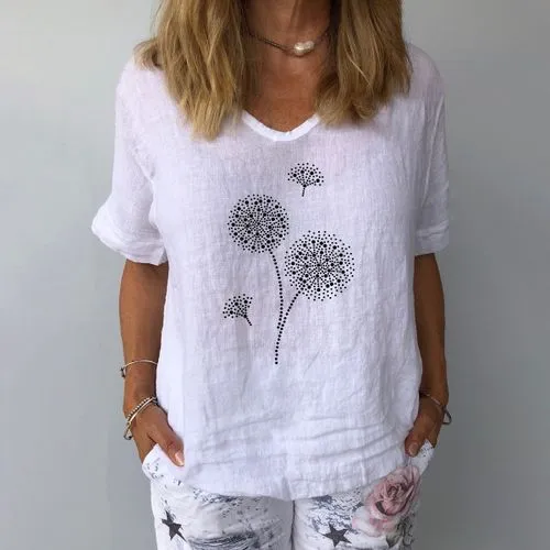 Women's T-shirt Short Sleeve T-shirts Printing Patchwork Casual Dandelion