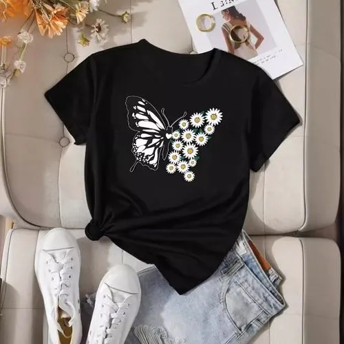 Women's T-shirt Short Sleeve T-Shirts Streetwear Butterfly Daisy