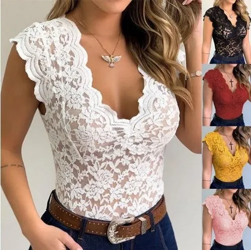 Women's Vest Short Sleeve T-shirts Patchwork Lace Streetwear Solid Color