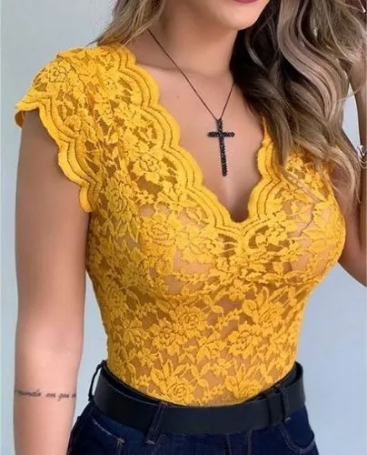 Women's Vest Short Sleeve T-shirts Patchwork Lace Streetwear Solid Color