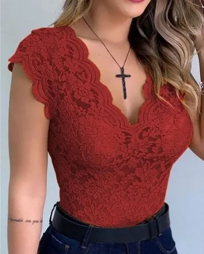 Women's Vest Short Sleeve T-shirts Patchwork Lace Streetwear Solid Color