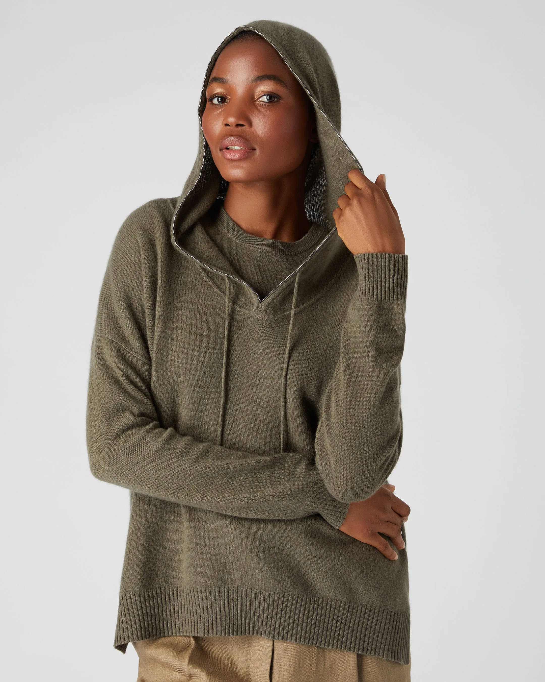 Women's Metal Edge Hooded Cashmere Jumper Khaki Green