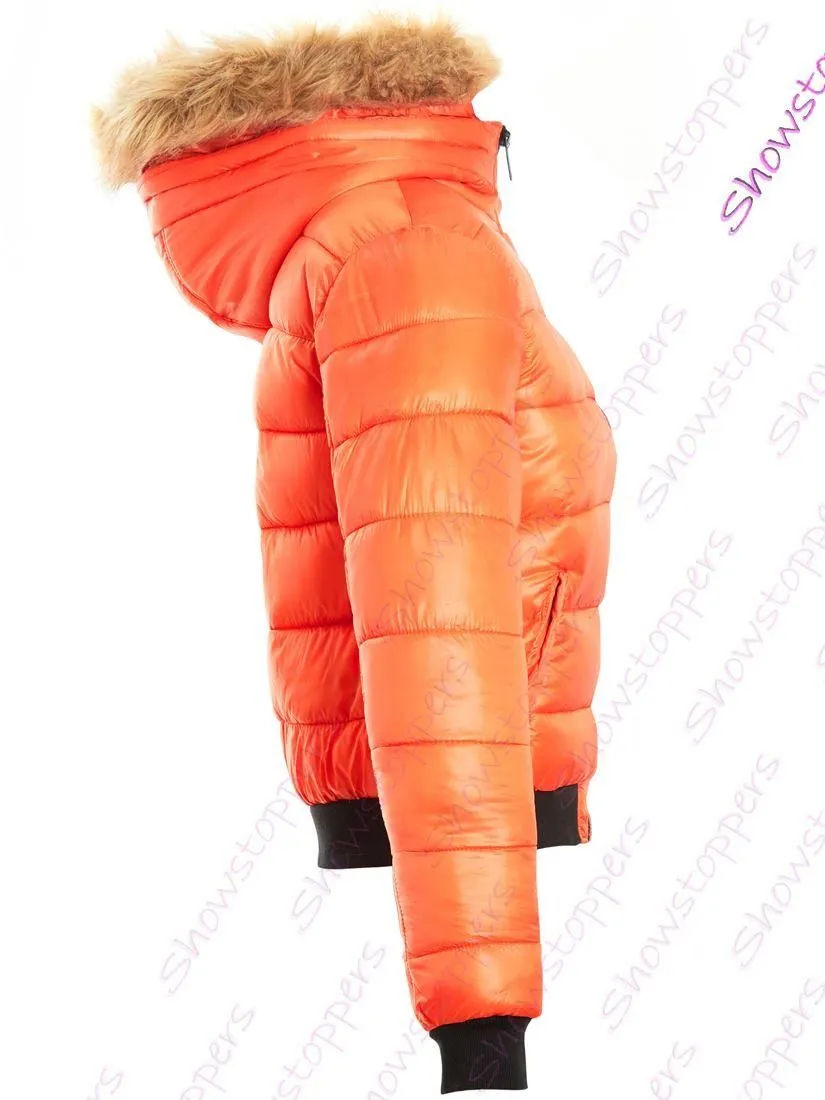 Womens Puffer Jacket Padded Faux Fur Coat Size 12 8 10 14 16 Hooded