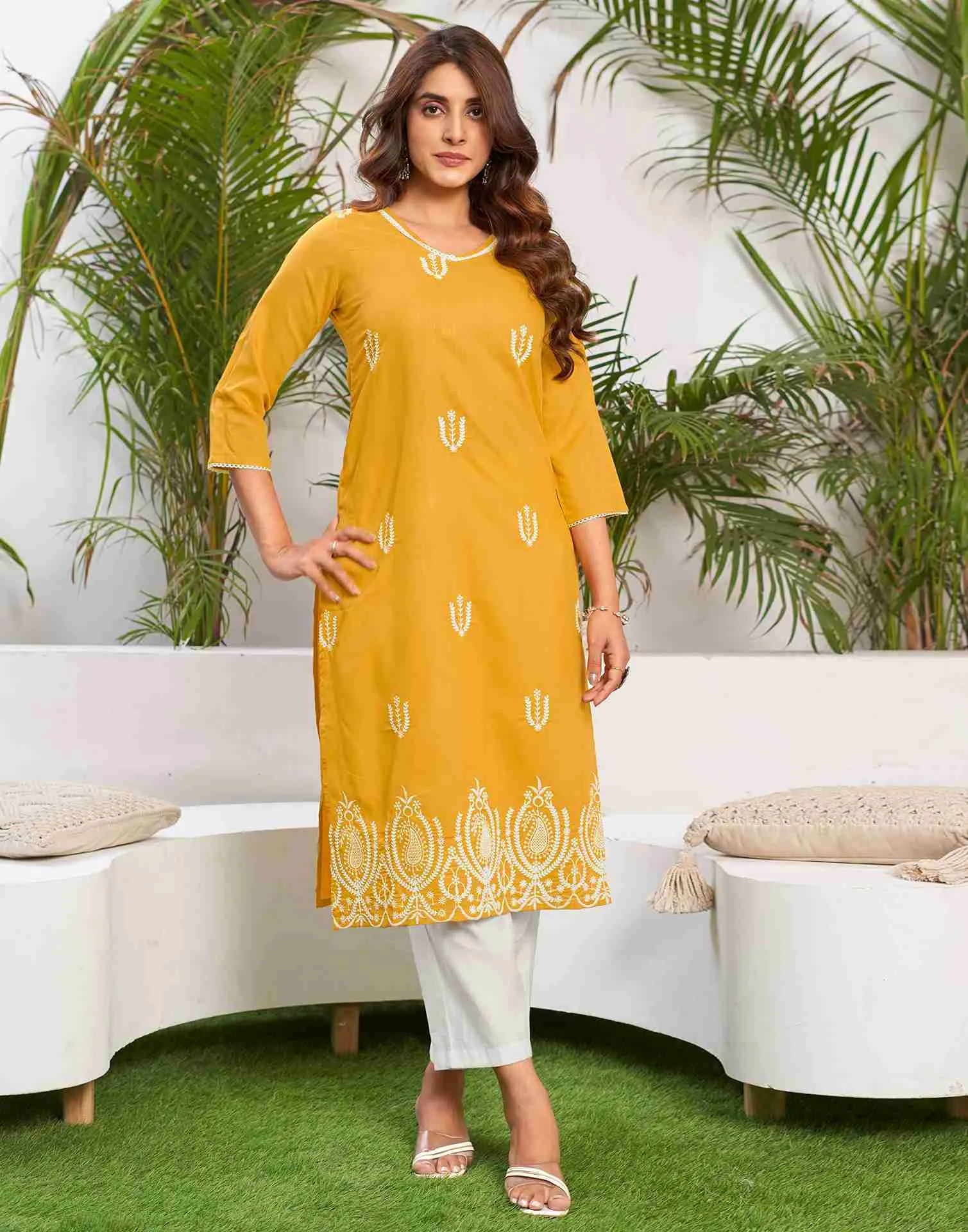 Yellow Embroidery Cotton Straight Kurta