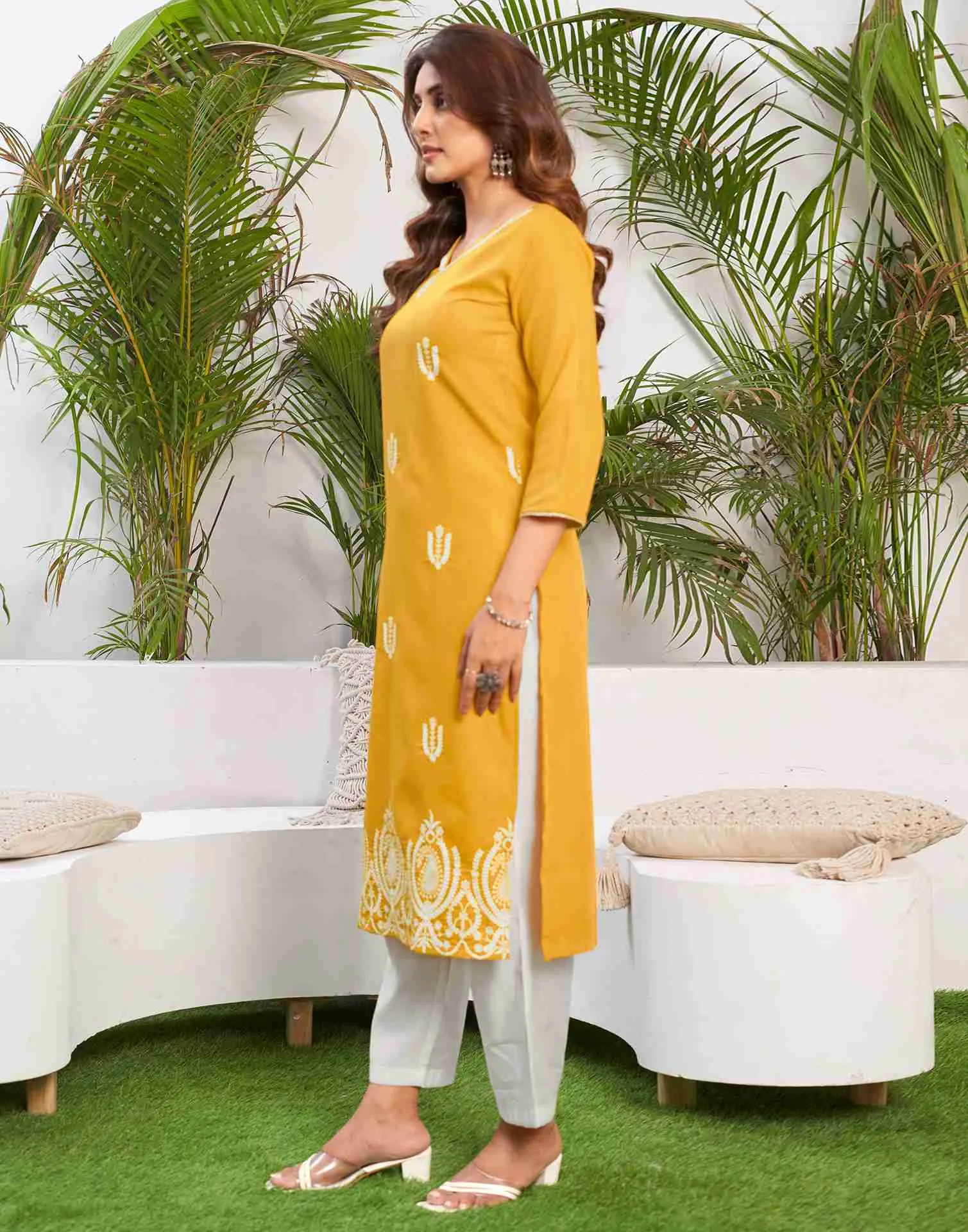 Yellow Embroidery Cotton Straight Kurta